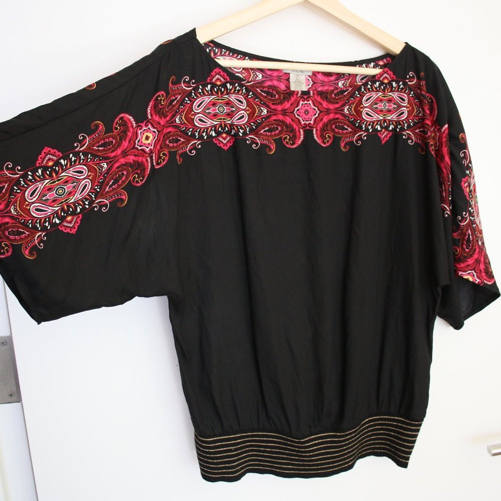 95% Silk boat neck kimono sleeve metallic waist to